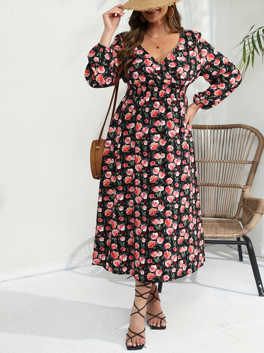  Rose Print Long Sleeve Maxi Dress