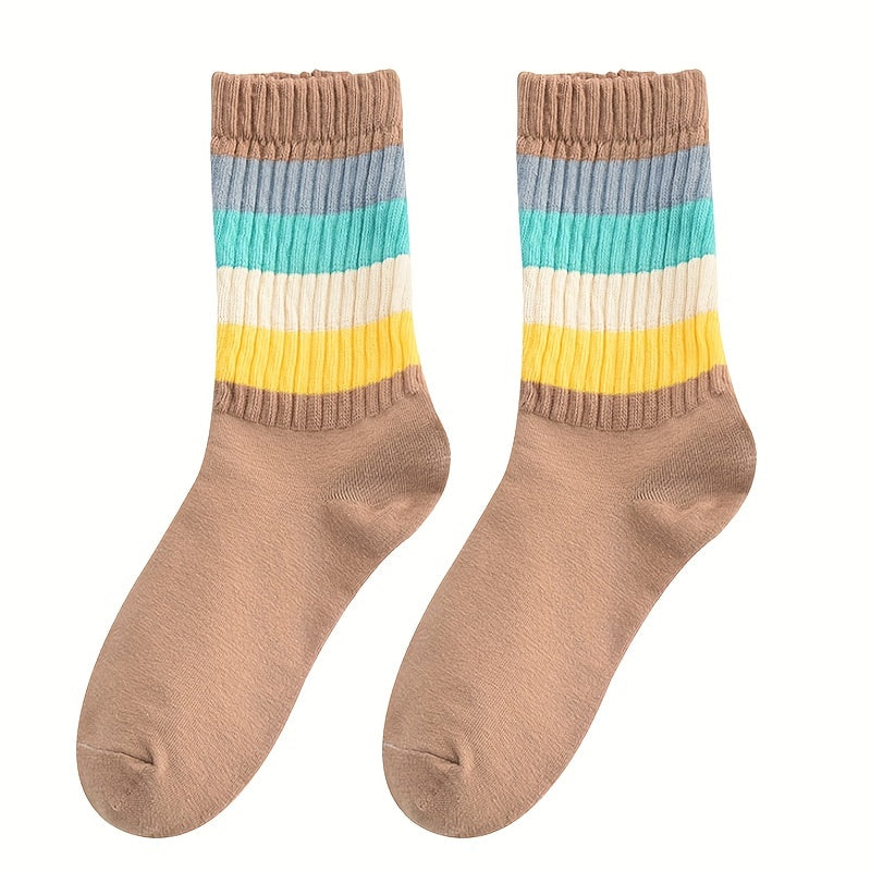 5 Pairs Colorblock Striped Socks Comfy & Breathable Mid Tube Socks