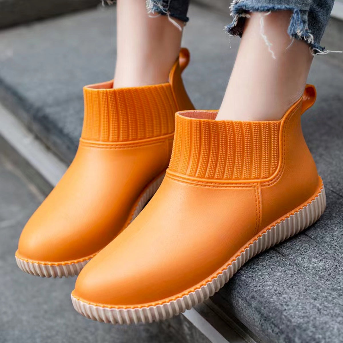 Women's Non slip Solid Flat Rain Boots Waterproof Slip On Rubber Shoes