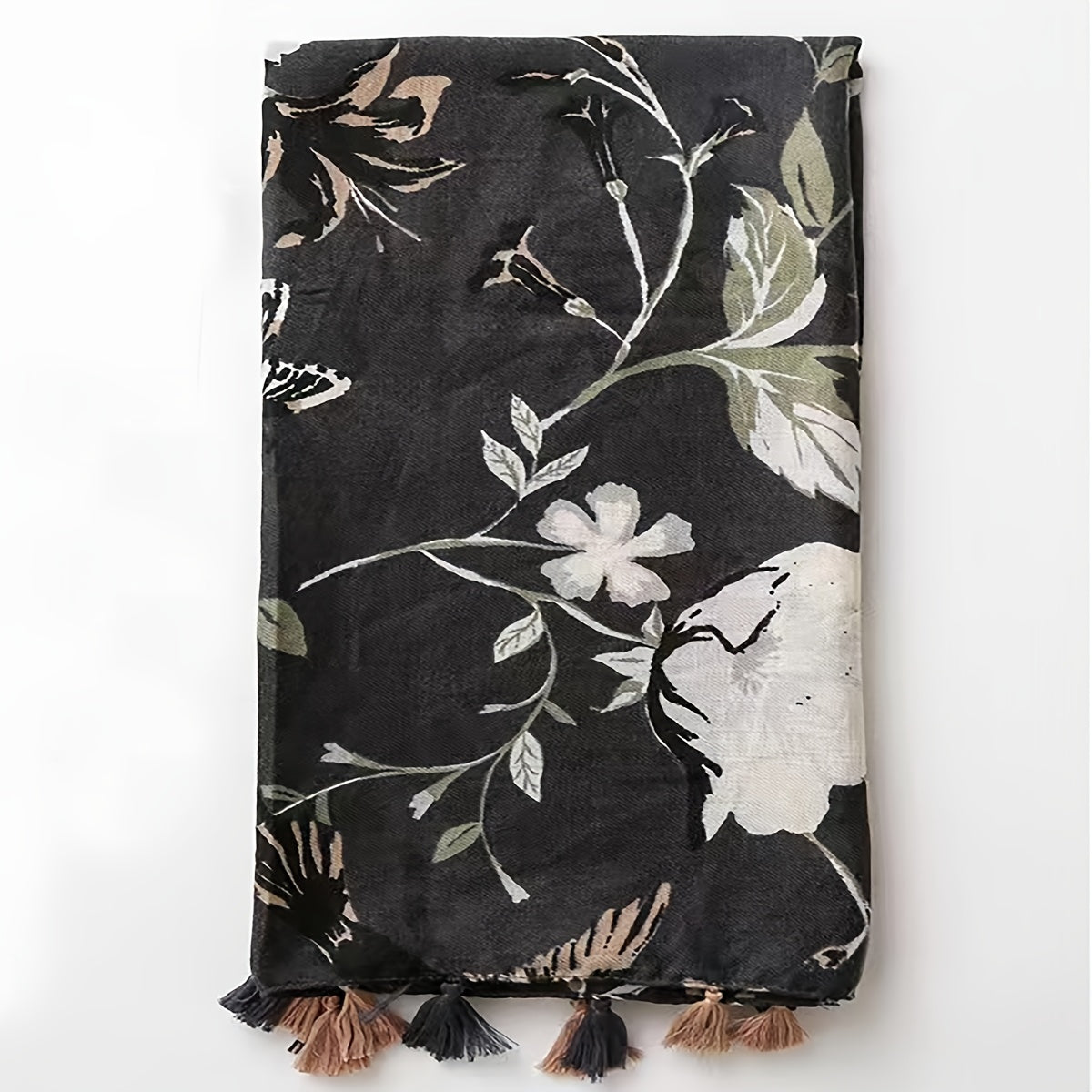Flower Print Scarf Boho Tassel Shawl Outdoor Beach Travel Windproof Head Wrap