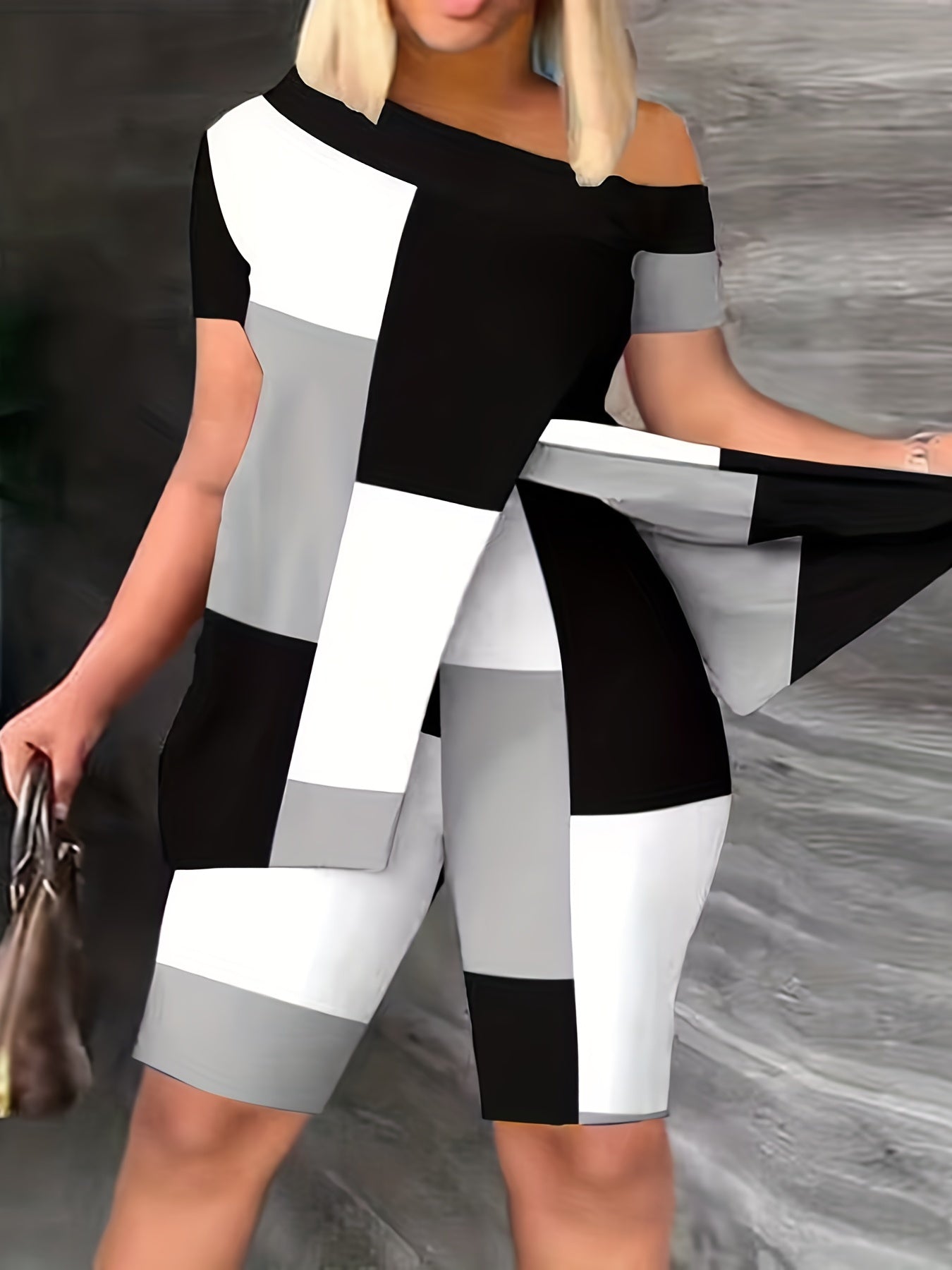 Plaid Print Two Piece Set Split Tops & High Waist Shorts Outfit