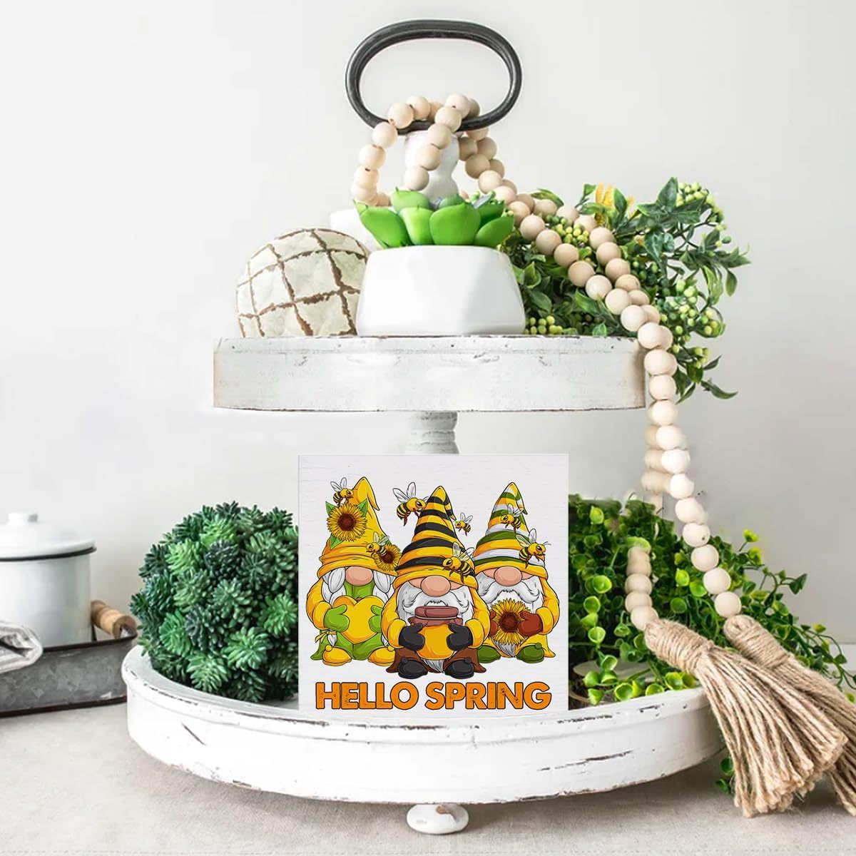 Hello Spring Gnomes Bees PVC Sign Yellow Decor Home Kitchen Party Decoration