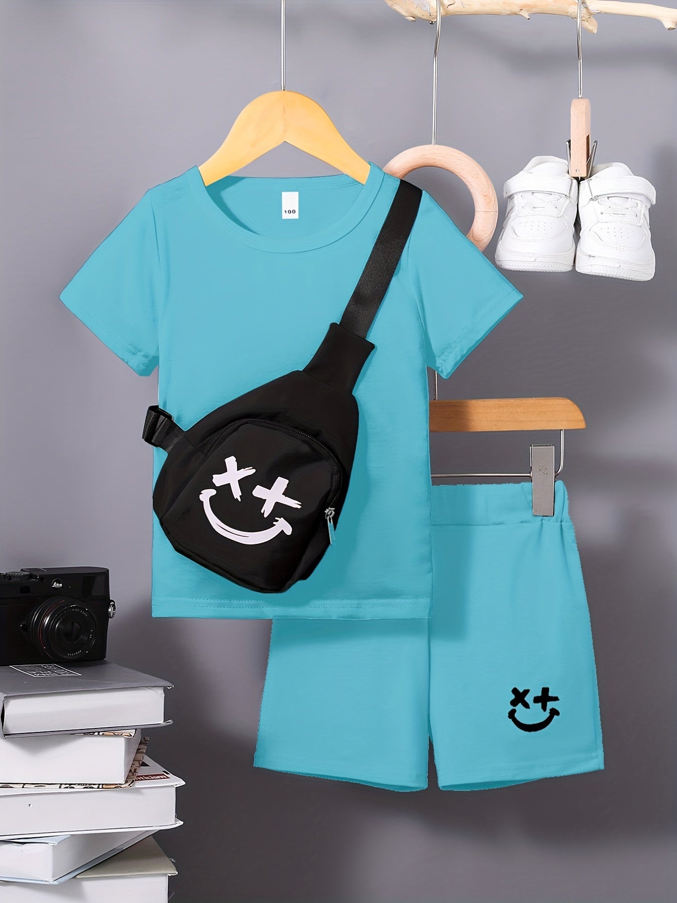 3pcs Boys Casual Short Sleeve T shirt & Shorts Set + Crossbody Bag