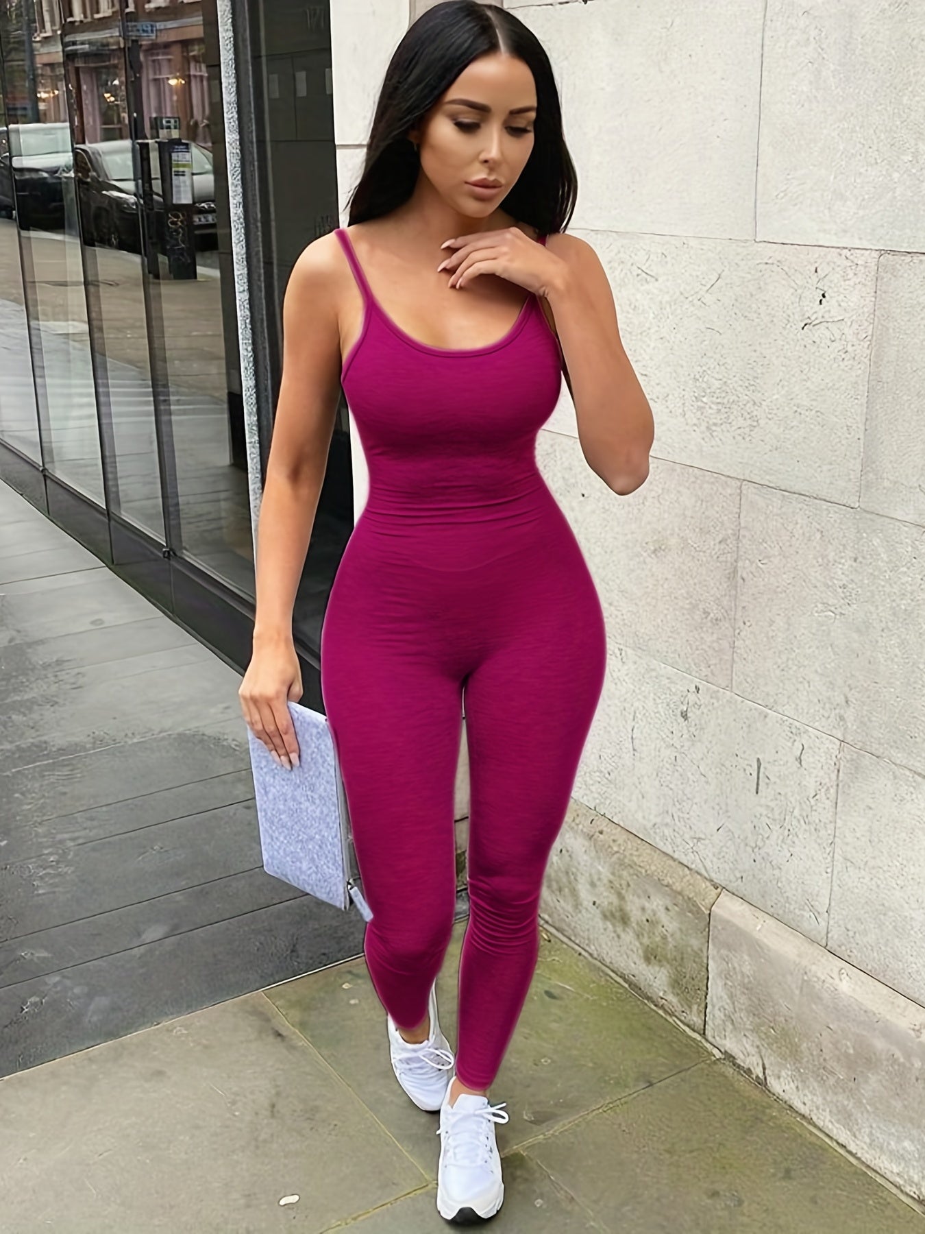 Solid Cami Jumpsuit Casual High Stretch Sleeveless Long Length Jumpsuit