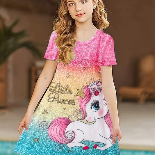 Girls Unicorn Print Short Sleeve Dress Summer Clothes