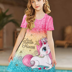 Girls Unicorn Print Short Sleeve Dress Summer Clothes