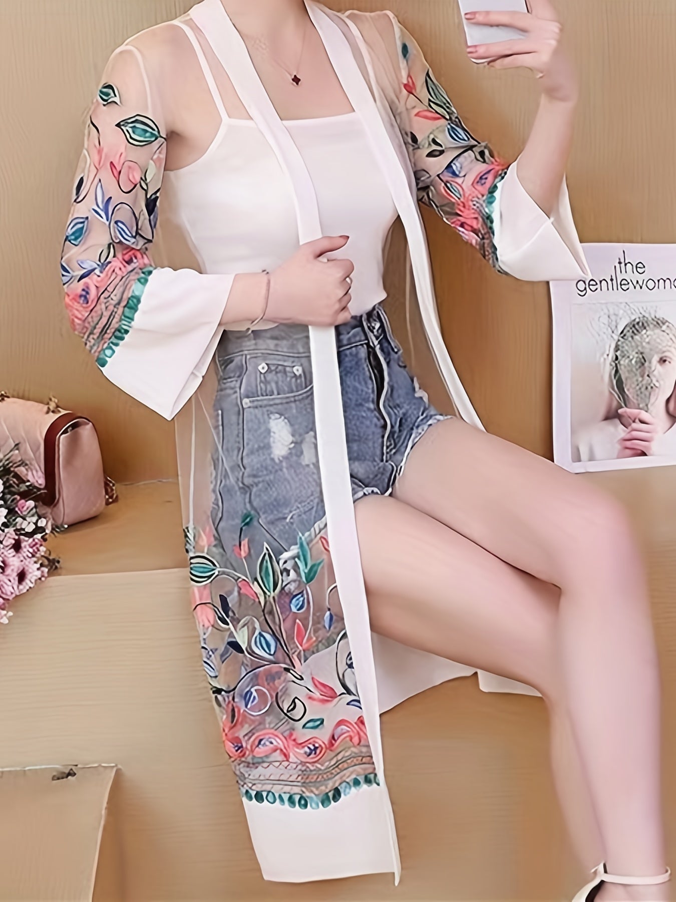 Floral Embroidered Sheer Cover Up Shirt Loose Fit Kimono
