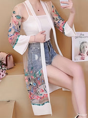 Floral Embroidered Sheer Cover Up Shirt Loose Fit Kimono
