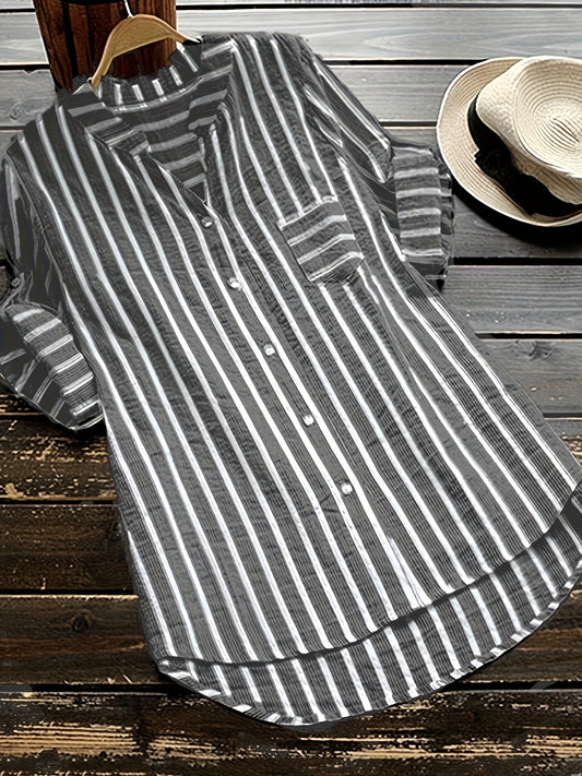  Stripe Print Button Up Roll Up Sleeve V Neck Blouse