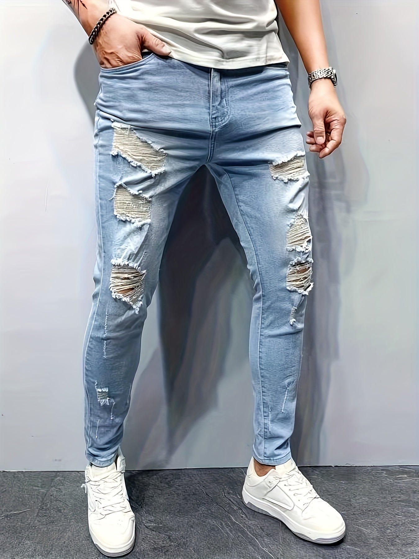 Men's Distressed Mid-Stretch Denim Jeans