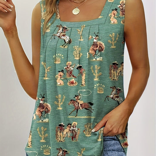  Cowboy Print Square Neck Stretch Tank Top