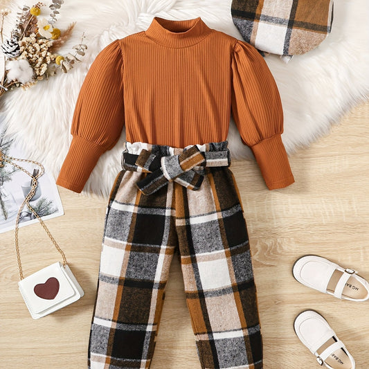 Girl's Plaid Beret & Sleeve Top & Pants Set Kids Clothes