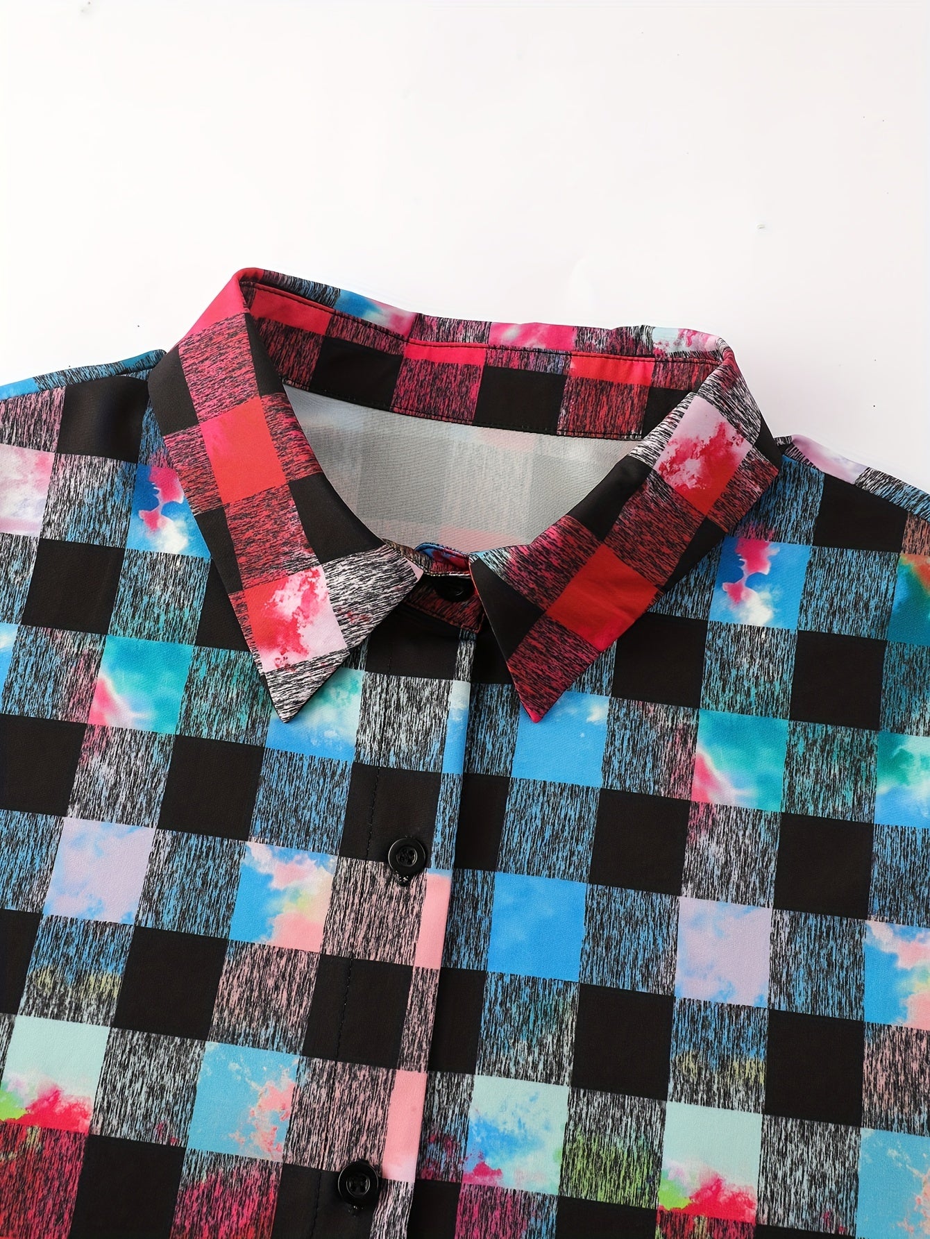  Plaid & Tie Dye Button-Up Short Sleeve Blouse