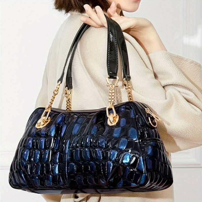 Vintage Crocodile Pattern Shoulder Bag with Detachable Strap