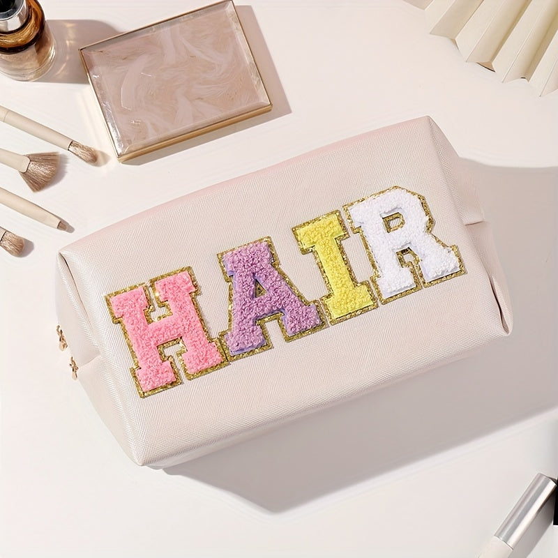 Preppy Makeup Bag Travel Toiletry Bag Letter Patch PU Leather Waterproof