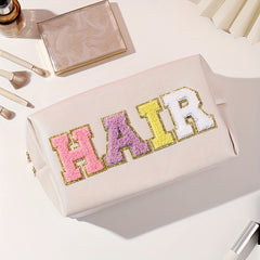 Preppy Makeup Bag Travel Toiletry Bag Letter Patch PU Leather Waterproof