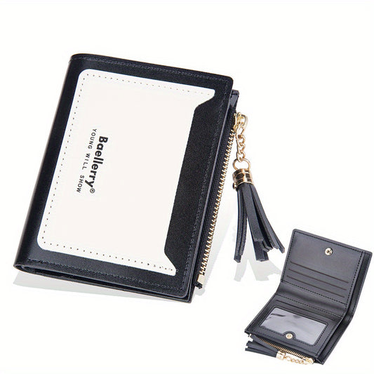 Two Tone Tassel Short Wallet Card Holder Zipper Coin Purse
