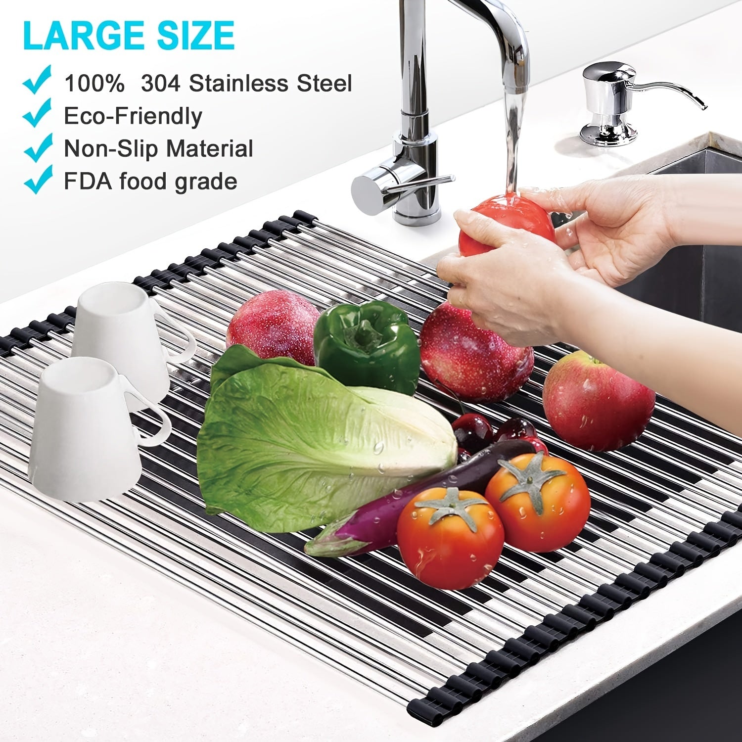 Stainless Steel Sink Drain Rack Over Sink Roll Up Large Dish Drainers Rack