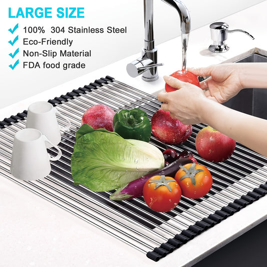 Stainless Steel Sink Drain Rack Over Sink Roll Up Large Dish Drainers Rack
