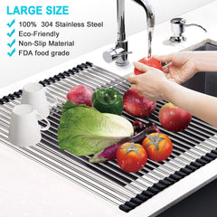Stainless Steel Sink Drain Rack Over Sink Roll Up Large Dish Drainers Rack