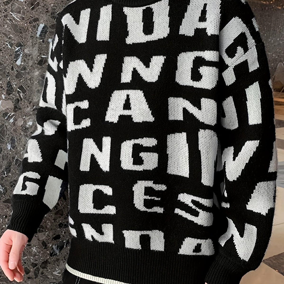 Knitted Letter Print Sweater Men's Casual Round Neck Pullover Sweater