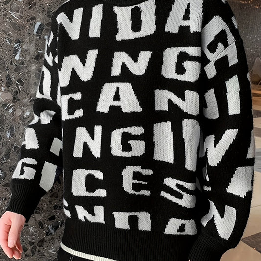 Knitted Letter Print Sweater Men's Casual Round Neck Pullover Sweater