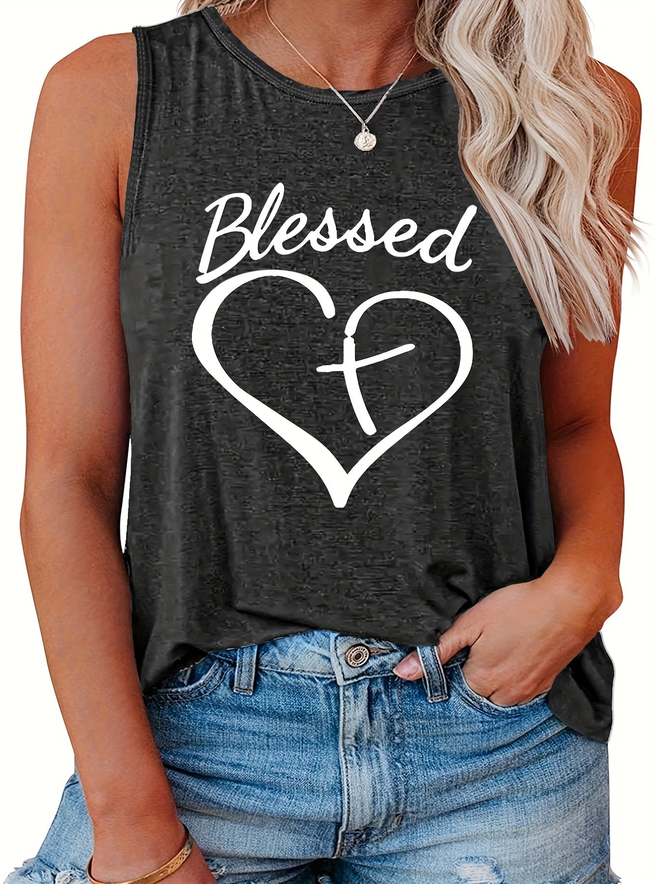  Cross In Heart Print Round Neck Tank Top