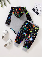 Baby Boy's Graffiti Print Triangle Hoodie Romper & Pants
