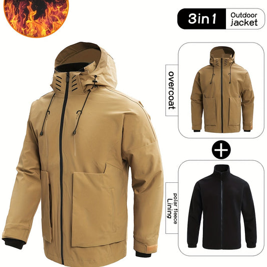 Men's 3-In-1 Zip Hooded Jacket Waterproof Windproof Hiking Jacket