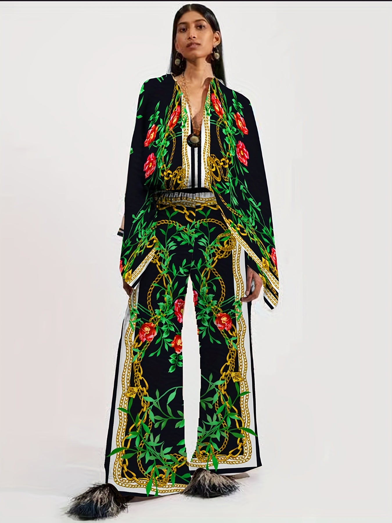 Ethnic Print Two Piece Set Blouse & Pants Outfit