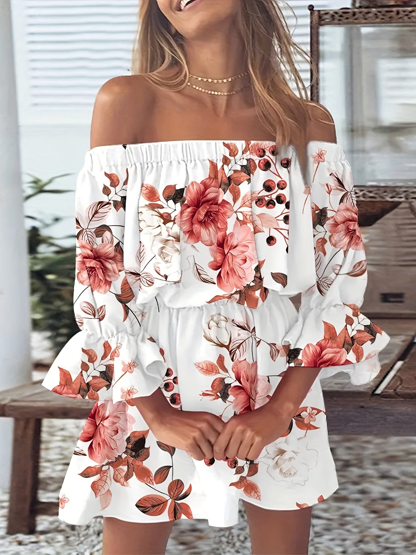 Boho Leaf Off Shoulder Dress Sexy Ruffle Sleeve Dress