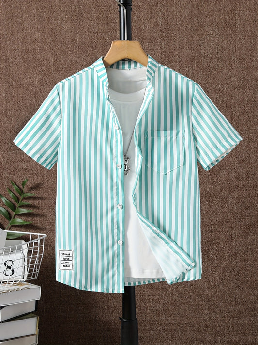 Stripe Graphic Print Boys Top Short Sleeve Lapel Shirt