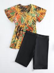  Vacay Tankini Set Women's Plus Tropical Print Short Sleeve V Neck Draw