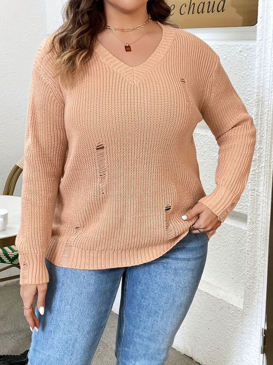  Solid Ripped Long Sleeve V Neck Sweater