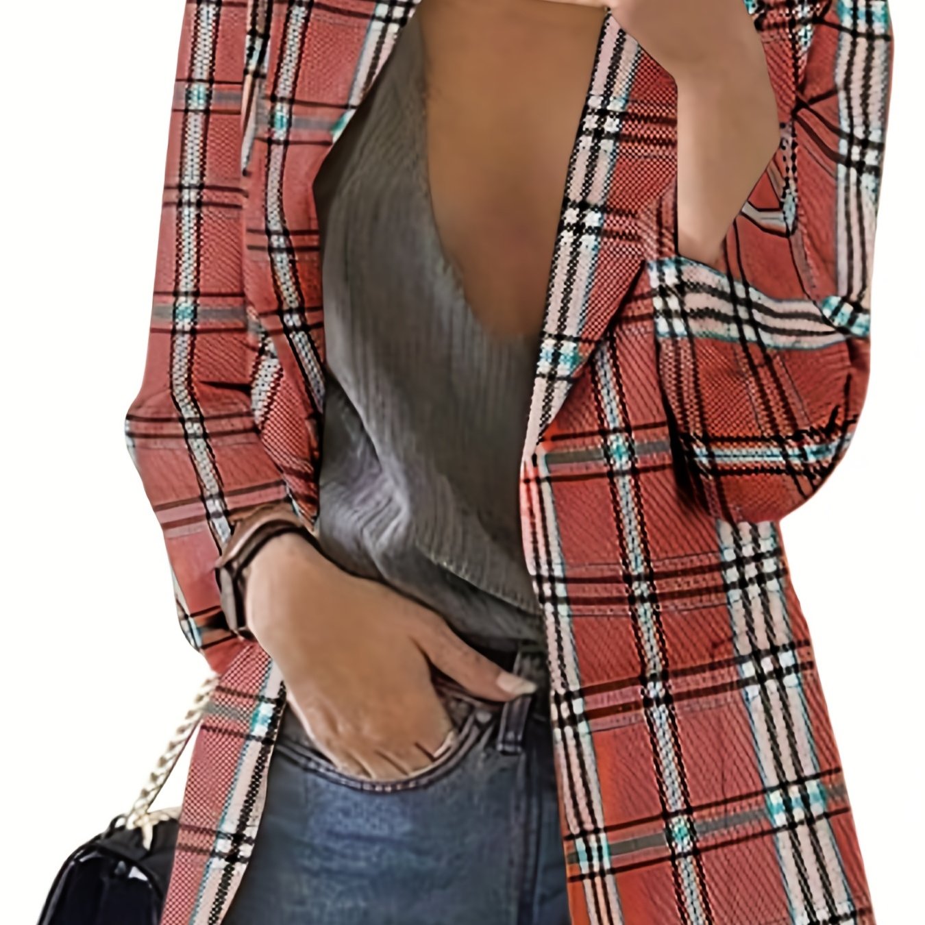 Plaid Print Open Front Dual Pockets Blazer Long Sleeve for Work Women