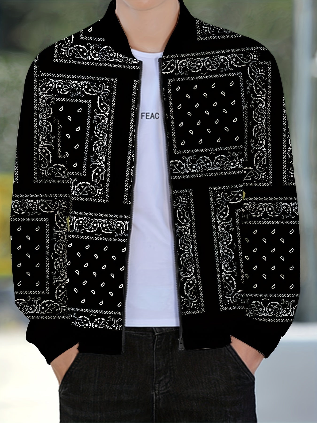 Men's Casual Paisley Pattern Soft shell Jacket Baseball Collar Varsity Jacket