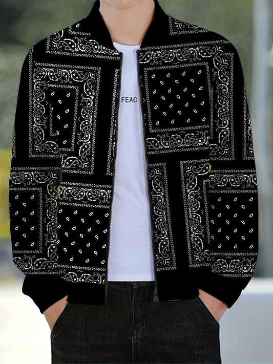 Men's Casual Paisley Pattern Soft shell Jacket Baseball Collar Varsity Jacket