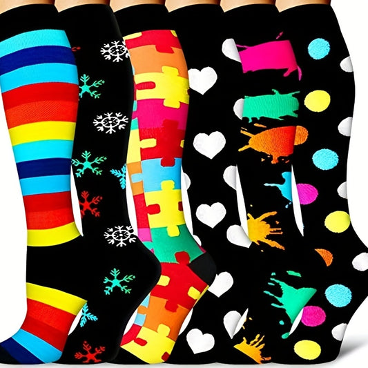 6 Pairs Compression Knee High Sports Socks for Running and Cycling