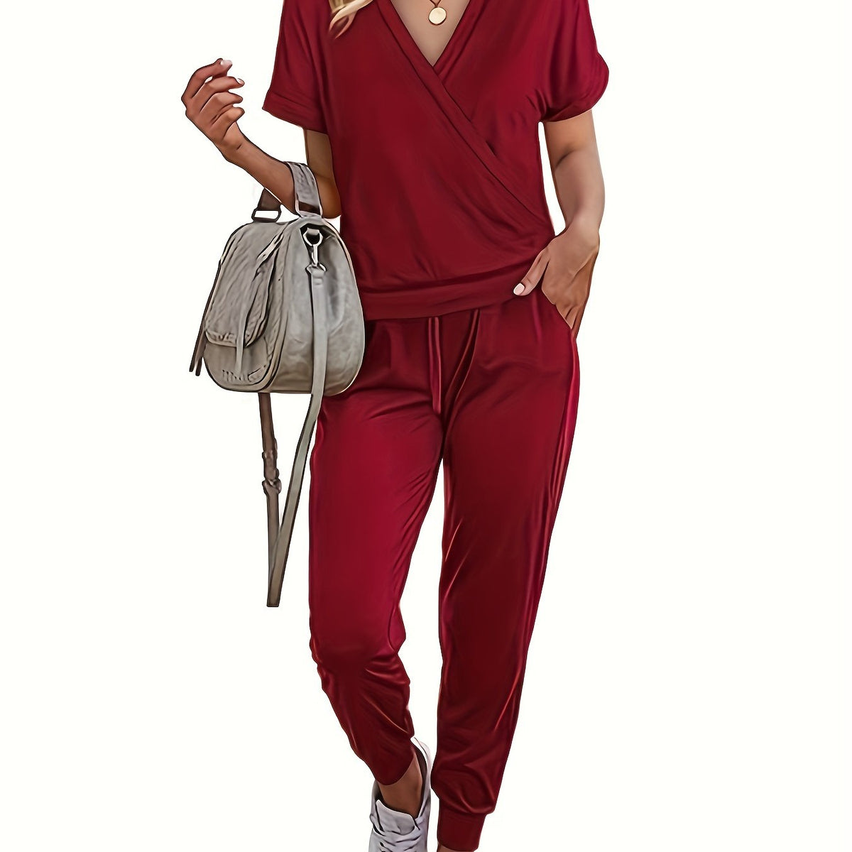  Casual Outfits Set Women's Plus Solid Batwing Sleeve Top & Pants Set