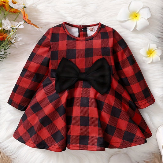 Baby Girls Christmas Plaid Dress Big Bow Long Sleeve Puffy