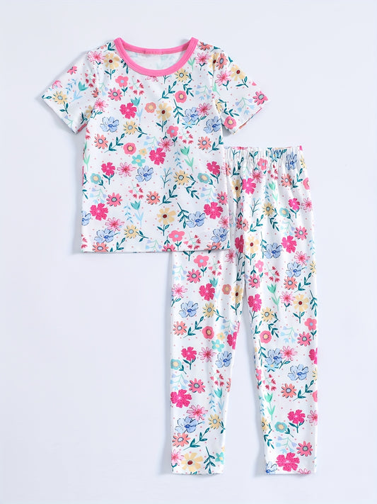 Girl's 2pcs Floral Print Pajama Set Short Sleeve Top & Pants