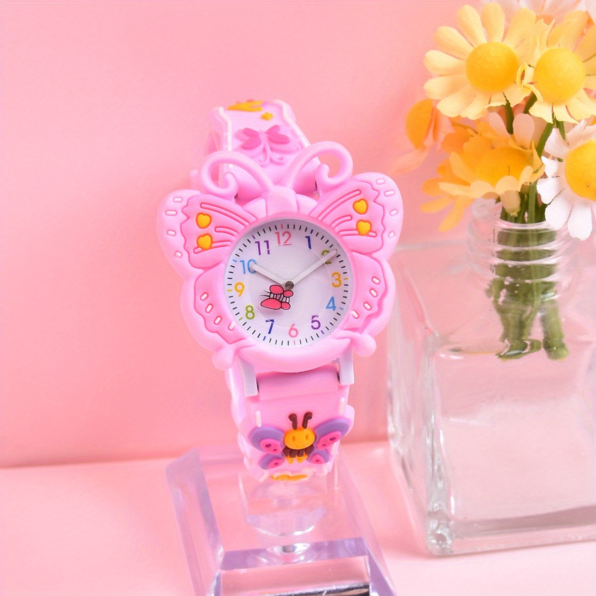 Girls Floral Watch Pink Soft Strap Analog Clock Quartz Movement