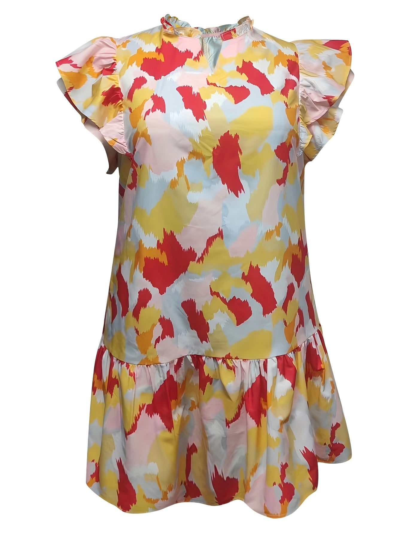  Allover Print Ruffle Sleeve Dress