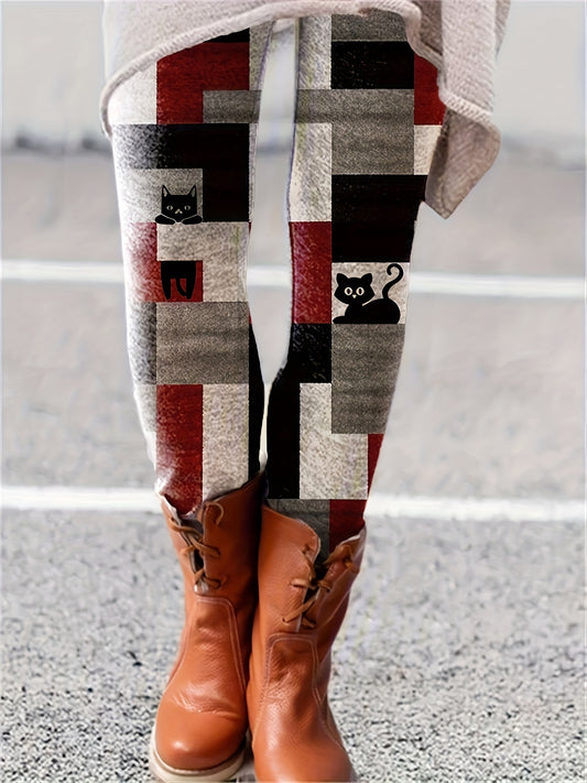  Geo & Cat Print Stretch Leggings