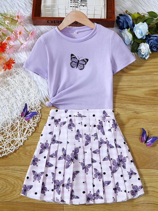 Girls Butterflies T-Shirt & Pleated Skirt Set