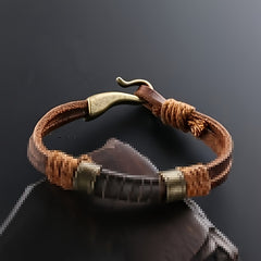 Vintage Style Brown Faux Leather Bracelet with Stone Weave