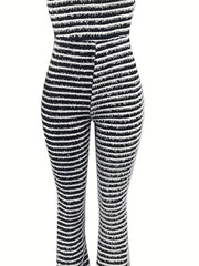 Striped Flare Leg Jumpsuit Backless Casual Slim Fit Jumpsuit