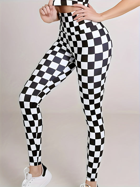 Checkerboard Pattern High Waist Yoga Leggings Fitness Pants
