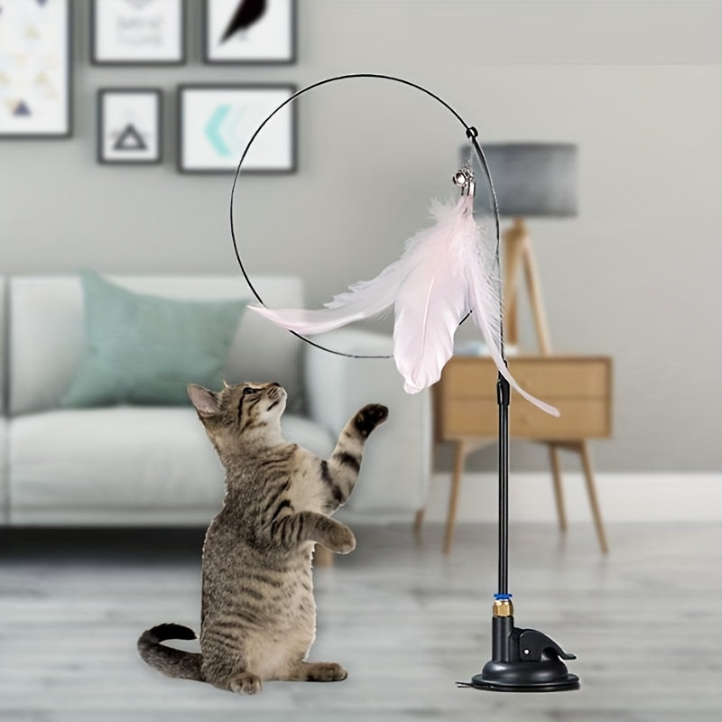 Feather Decor Cat Teaser Stick With Suction Cup & Bell Toy