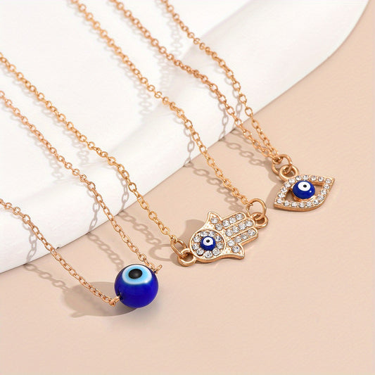 3pcs Evil's Eye Pendant Necklaces Rhinestone Inlaid Neck Jewelry Gift